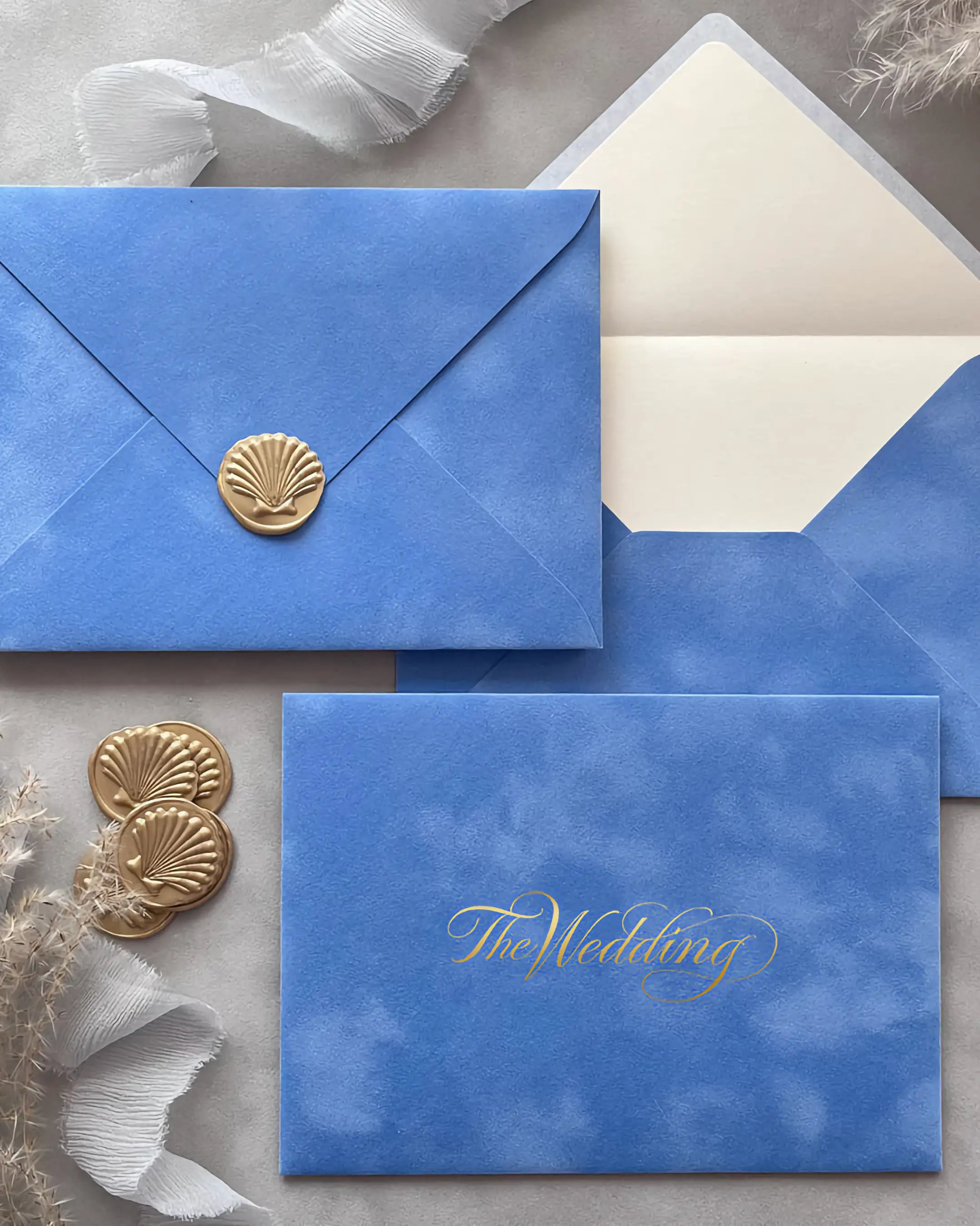 Amalfi velvet envelopes with gold wax seal and foil monogram, cream paper lining — Polina Perri